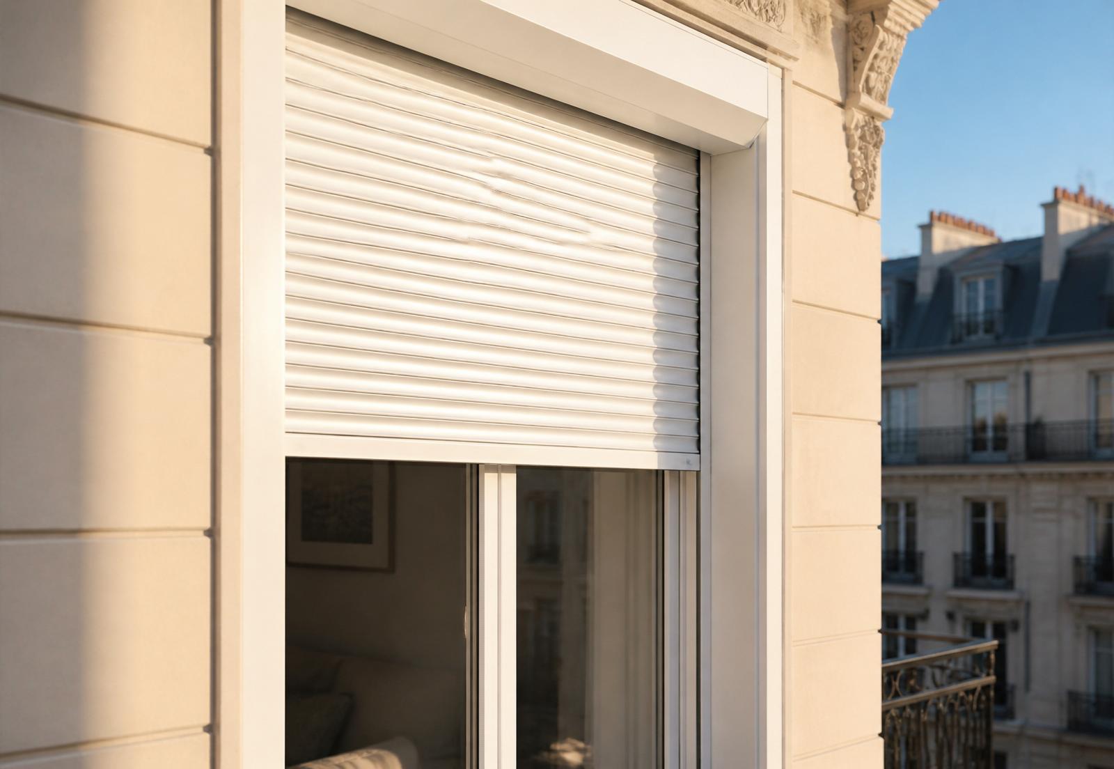 Volet roulant blanc sur façade parisienne